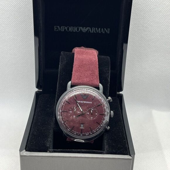 Emperio Armani AR11265 Men Burgundy Leather Analog Dial Quartz Wrist Watch JMB30 - Picture 1 of 12